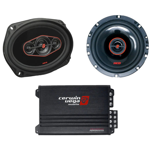Cerwin Vega H7652 (HED Series 6.5" 2-Way Coaxial Speakers) + H7694 (HED Series 6"x9" 4-Way Coaxial Speakers) + XED4004D (XED Series 4-Channel Full Range Class-D Amplifier)