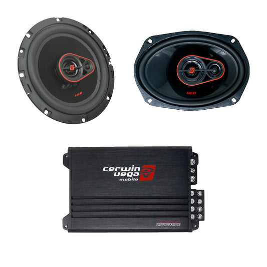 Cerwin Vega H7653 (HED Series 6.5" 3-Way Coaxial Speakers) + H7683 (HED Series 6"x8" 3-Way Coaxial Speakers) + XED4004D (XED Series 4-Channel Full Range Class-D Amplifier)