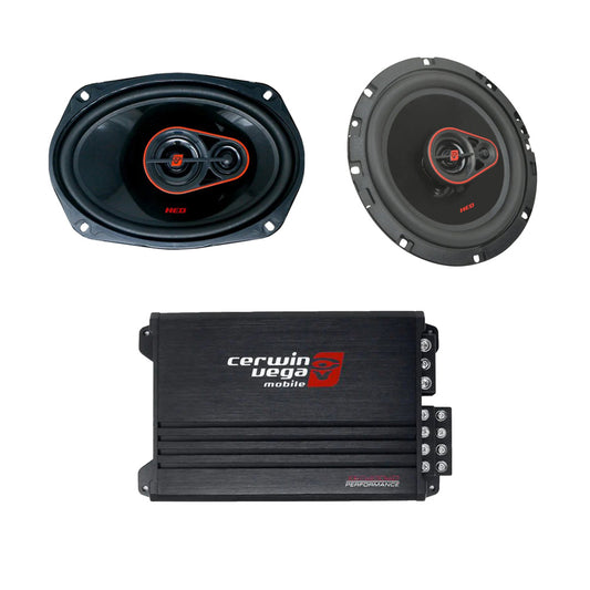 Cerwin Vega H7653 (HED Series 6.5" 3-Way Coaxial Speakers) + H7693 (HED Series 6"x9" 3-Way Coaxial Speakers) + XED4004D (XED Series 4-Channel Full Range Class-D Amplifier)