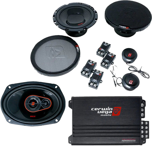 Cerwin Vega H765C (HED Series 6.5" 2-Way Component Speaker System) + H7693 (HED Series 6"x9" 3-Way Coaxial Speakers) + XED4004D (XED Series 4-Channel Full Range Class-D Amplifier)