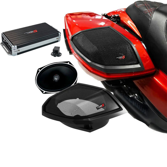 Cerwin Vega RPMST692LK24 (2024+ Harley Davidson® Cut-In Lid Kit with Stroker ST692CX2 (2Ω) Speakers) + B52 (Stealth Bomber 2-Channel Class-D Full Range Amplifier)